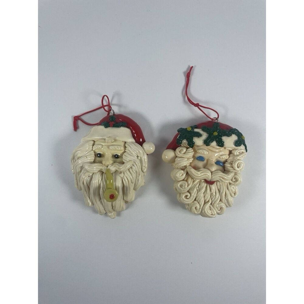 Set of 2 Vintage Salt Dough Santa Claus Christmas Ornaments